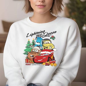 Lightning McQueen Tow Mater Christmas Sweatshirt, Vintage Cars Christmas Shirt, ,Cars Merry Christmas 2024 Shirt, Family Christmas Hoodie image 2