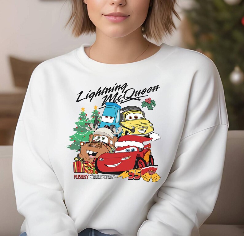 Lightning McQueen Tow Mater Christmas Sweatshirt, Vintage Cars Christmas Shirt, ,Cars Merry Christmas 2024 Shirt, Family Christmas Hoodie image 2