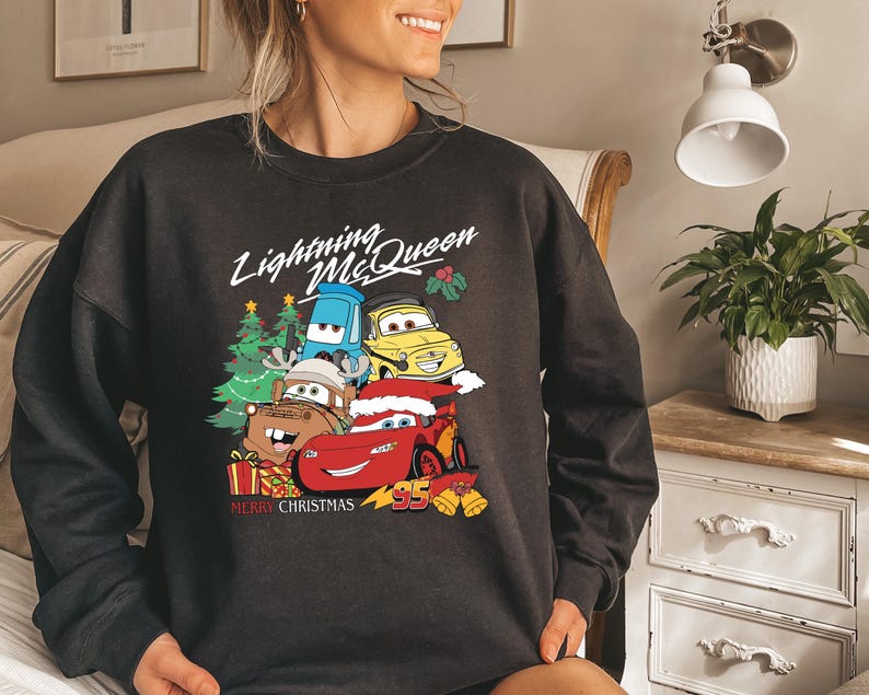 Lightning McQueen Tow Mater Christmas Sweatshirt, Vintage Cars Christmas Shirt, ,Cars Merry Christmas 2024 Shirt, Family Christmas Hoodie image 3