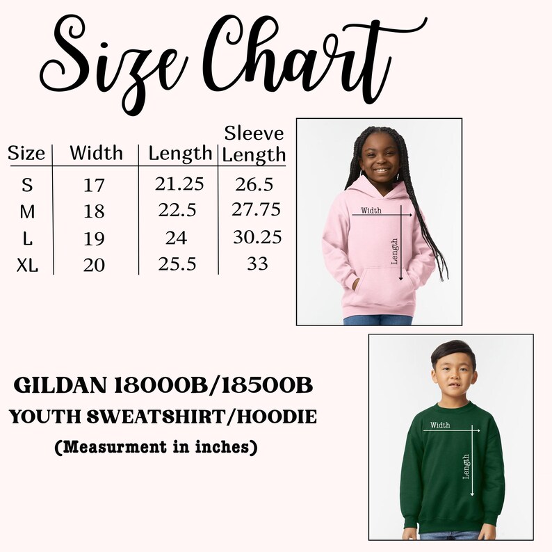 a child's size chart for a hoodie
