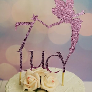 Gâteau de fée clochette, gâteau de nom personnalisé, gâteau d’anniversaire, princesse du 7e anniversaire, gâteau de paillettes, décor de fête b-day