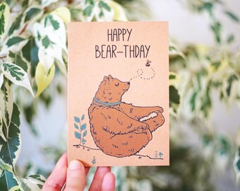 TARJETA DE CUMPLEAÑOS FELIZ BEARTHDAY, ilustración de oso, tarjeta de cumpleaños, postal, tarjeta de felicitación