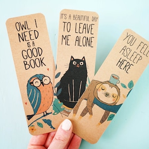 BOOKMARKS 3 illustrations cat, sloth, owl, quote bookmark, booklovers, ecofriendly
