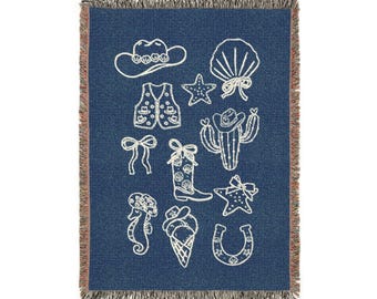 Coastal Cowgirl Woven Blanket - Cute Bows, Cozy Home Decor, Beach Throw Blanket, Western Style Bedding, Gift for Her