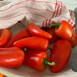 Peut inclure: Un bol blanc rempli de poivrons rouges vifs, une serviette de cuisine rayée rouge et blanche et une cuillère en argent.