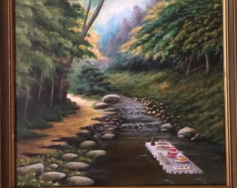 Landscape Painting, River Landscape Acrylic Painting Painting of River Painting of Cakes Painting of Trees Landscape Art Acrylic Landscape