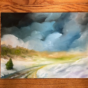 Landscape painting, small landscape painting oil painting landscape art cloud painting cloud art winter landscape meadow small winter scene