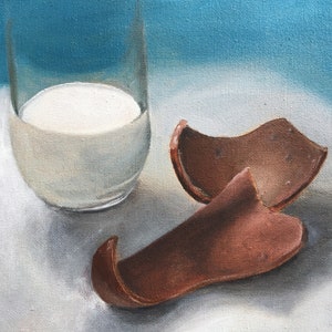 Painting, small painting, small oil painting, Food art, food still life, chocolate and milk, milk, painting of chocolate, chocolate art food