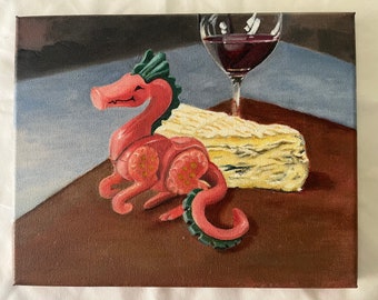 Small oil painting, oil painting, painting of dragon, dragon art, painting of toy, painting of cheese, wine and cheese cheese plate wine art