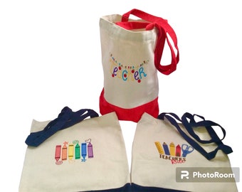 Personalized Teacher Appreciation Canvas Tote Bag, Clothesline or Crayons Design
