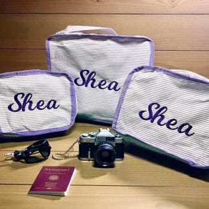 Embroidered Seersucker Packing Cubes, Personalized Travel Bags, Set of 3