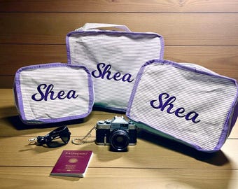 Embroidered Seersucker Packing Cubes, Personalized Travel Bags, Set of 3