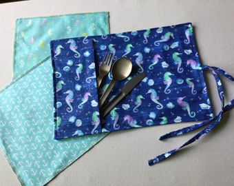 Reusable Placemat & Napkin, Camping Placemat, School Mat, Personalized Mat, Picnic Mat, Utensil Holder Placemat, Snack Mat, Lunchbox Mat