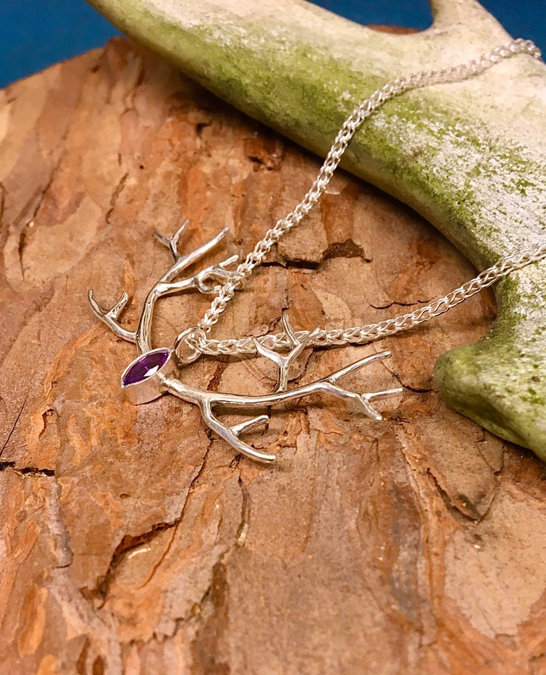 Deer antler pendant Deer jewelry Reindeer necklace Amethyst necklace Antler necklace Norwegian jewelry Silver antler
