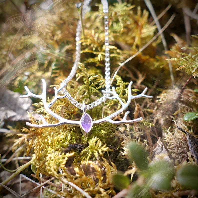 Deer antler pendant Deer jewelry Reindeer necklace Amethyst necklace Antler necklace Norwegian jewelry Silver antler