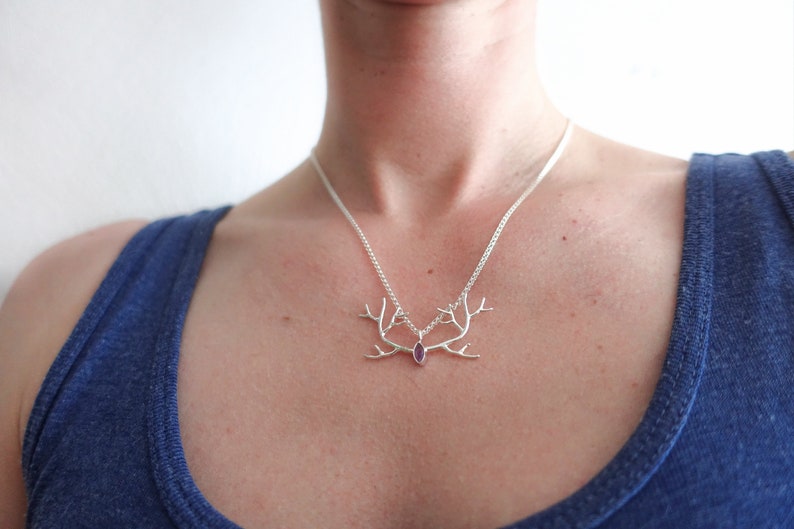 Deer antler pendant Deer jewelry Reindeer necklace Amethyst necklace Antler necklace Norwegian jewelry Silver antler
