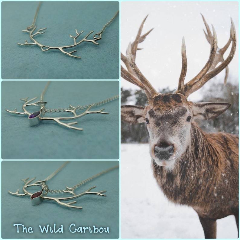 Deer antler pendant Deer jewelry Reindeer necklace Amethyst necklace Antler necklace Norwegian jewelry Silver antler