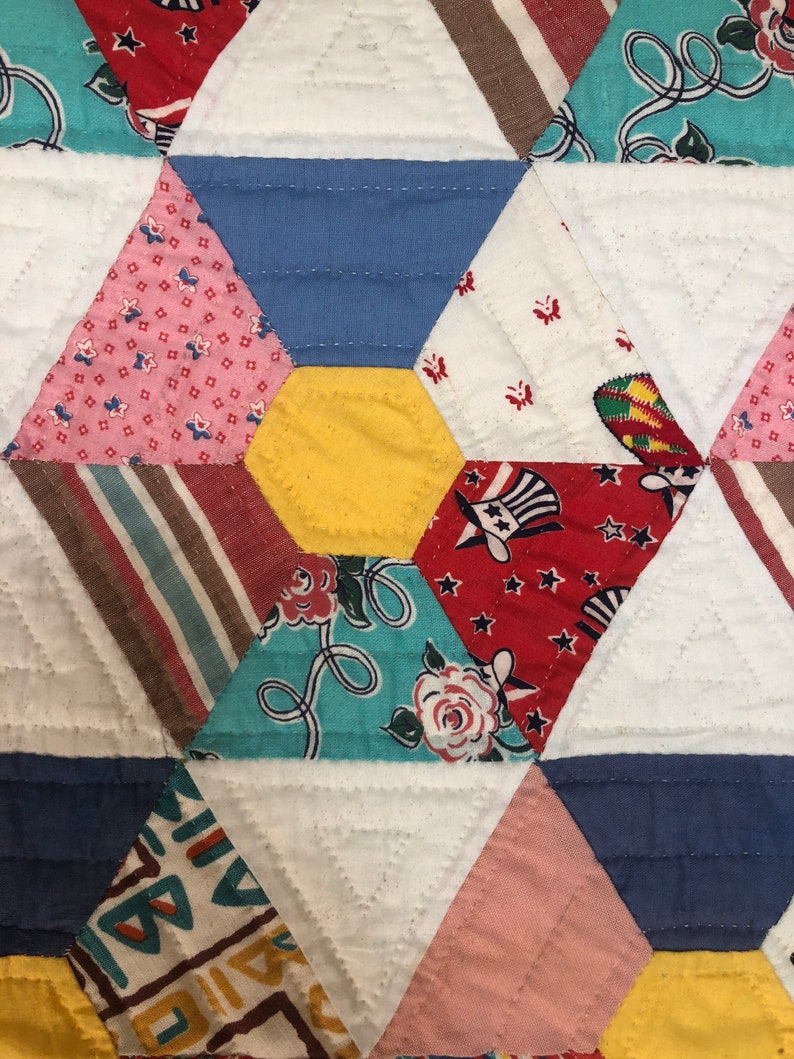Vintage Hand Quilted Hexagon Quilt