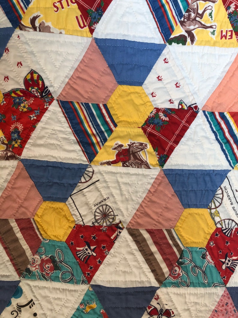Vintage Hand Quilted Hexagon Quilt