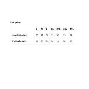 Puede incluir: Una tabla de gu&iacute;a de tallas blanca con texto negro. La tabla enumera las tallas de camisa de la S a la 4XL, con las medidas de largo y ancho correspondientes en cent&iacute;metros. Los largos var&iacute;an de 71 a 86 cm y los anchos de 46 a 76 cm.