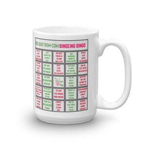 Comedia romántica, atracones, bingo, romance divertido, rom-coms, vacaciones, Navidad, películas, juegos, taza