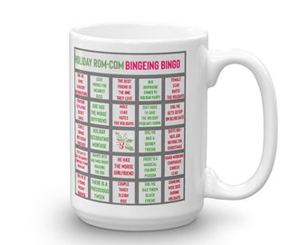 Comedia romántica, atracones, bingo, romance divertido, rom-coms, vacaciones, Navidad, películas, juegos, taza