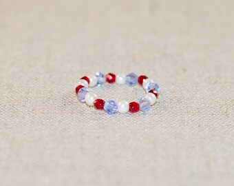 Red, White, and Bling: Red, white, and blue beaded ring for Independence Day / Fourth of July