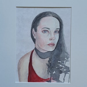Goth Woman Portrait original watercolor painting matted black hair blue eyes