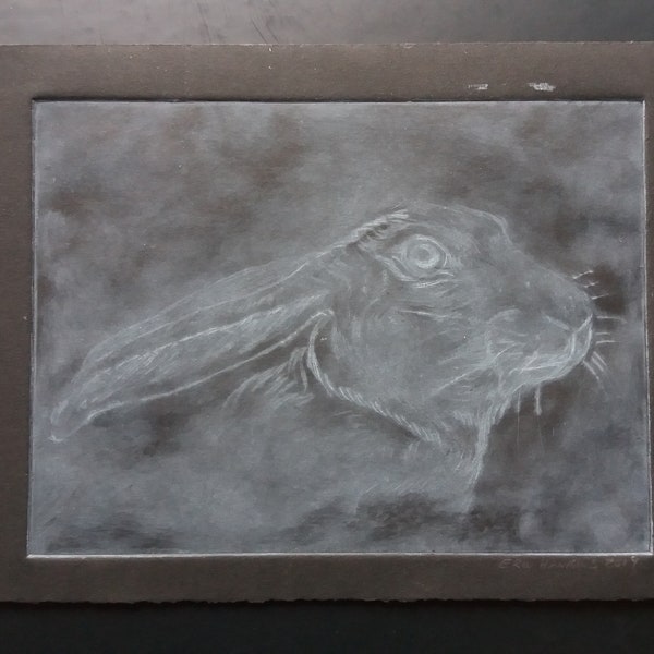 White ink on black paper Hare Copper Plate Drypoint one of a kind intaglio print acid etching