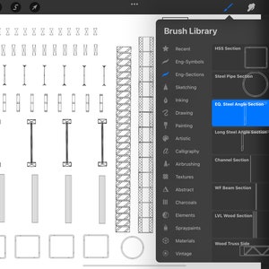 Puede incluir: Una captura de pantalla de una aplicaci&oacute;n de dibujo digital que muestra una biblioteca de pinceles para dibujar diferentes tipos de elementos estructurales. La biblioteca de pinceles incluye opciones para dibujar secciones HSS, secciones de tuber&iacute;a de acero, secciones de &aacute;ngulo iguales, secciones de &aacute;ngulo largo, secciones de canal, secciones de viga WF, secciones de madera LVL y lados de armadura de madera.