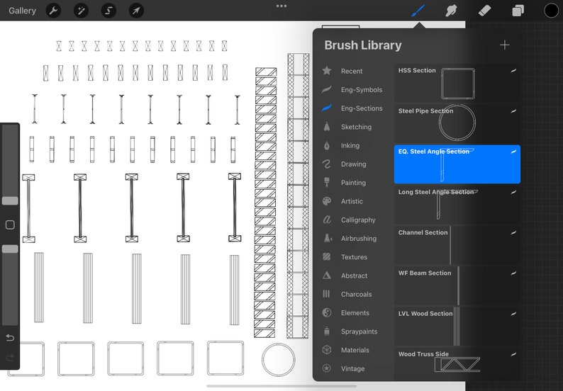 Puede incluir: Una captura de pantalla de una aplicaci&oacute;n de dibujo digital que muestra una biblioteca de pinceles para dibujar diferentes tipos de elementos estructurales. La biblioteca de pinceles incluye opciones para dibujar secciones HSS, secciones de tuber&iacute;a de acero, secciones de &aacute;ngulo iguales, secciones de &aacute;ngulo largo, secciones de canal, secciones de viga WF, secciones de madera LVL y lados de armadura de madera.