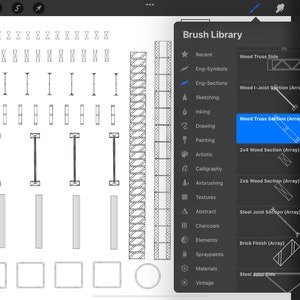 Puede incluir: Una captura de pantalla de una aplicaci&oacute;n de dibujo digital con una biblioteca de pinceles. La biblioteca incluye una variedad de pinceles para dibujar, esbozar y pintar. El pincel seleccionado es "Wood Truss Section (Array)".