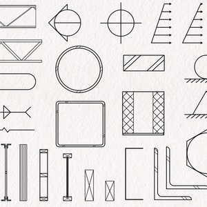 Puede incluir: Una colecci&oacute;n de dibujos en blanco y negro de varias formas y s&iacute;mbolos, incluyendo c&iacute;rculos, cuadrados, tri&aacute;ngulos, flechas y vigas estructurales. Estos dibujos se utilizan com&uacute;nmente en ingenier&iacute;a y dise&ntilde;o.