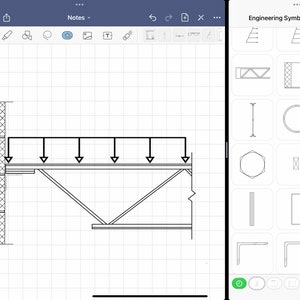 Puede incluir: Un dibujo en blanco y negro de una viga estructural apoyada en dos columnas. La viga est&aacute; conectada a las columnas con soportes diagonales. El dibujo est&aacute; sobre un fondo cuadriculado.