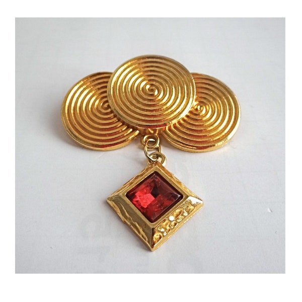 Maroussia Brooch; Gold and Red stone brooch; Art Deco style; Vintage 90s; For Her, French jewelry signed.