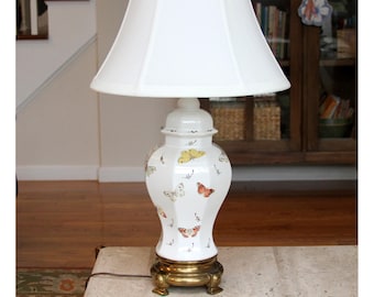 Vintage Butterfly Chinoiserie Table Lamp, Porcelain Ginger Jar Lamp 28"