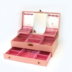 Vintage 1960's Large Pink Jewelry Box with Mirror and Drawer