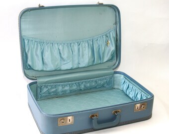 Vintage Blue Suitcase with Blue Satin Lining Comes with Key