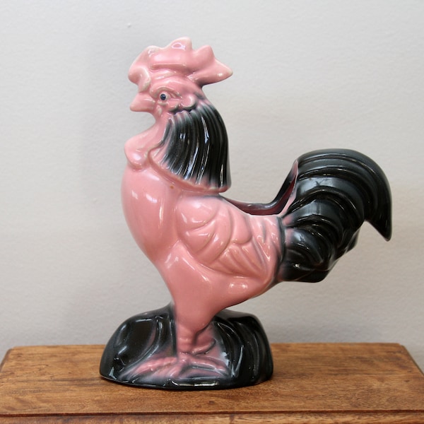Vintage Pink Ceramic Rooster Planter/ Wall Pocket 9"