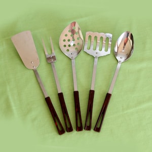 5 Mid Century Stainless Cooking Utensils by Stanhome with Bakelite Handles