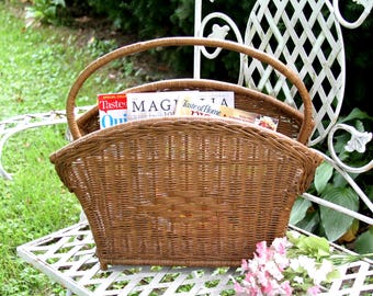 Vintage Wicker Magazine Storage Basket with Handle