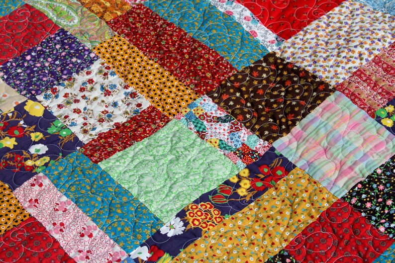 Vintage Patchwork Quilt Scrappy Cotton Calico Fabrics Completed 98"x 83 ...