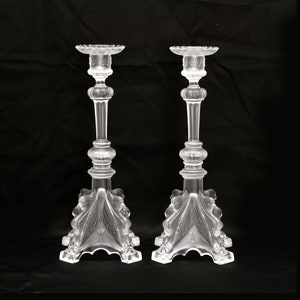 Antique French Frosted Glass Candlestick Holders: Val St. Lambert Bird Design