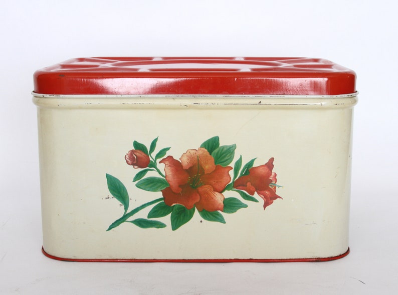 Vintage Tin Metal Bread Box Hinged Red Lid 1950's Etsy