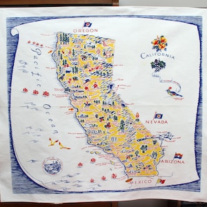 Vintage California State Map Souvenir Tablecloth Cactus Cloth