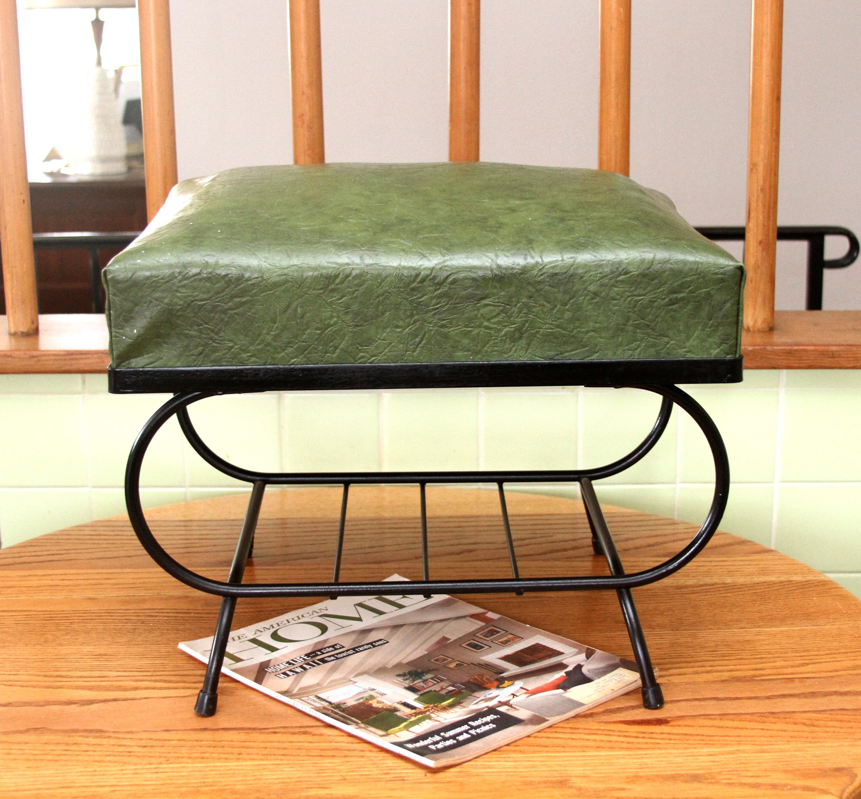 1950's Mid-Century Modern Black Iron Footstool/Ottoman with Magazine Rack