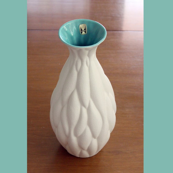 RARE Vintage Modern Royal Haeger White & Turquoise Textured Glaze Pottery Vase