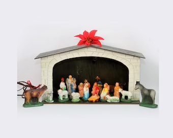 Vintage 20pc Chalkware Nativity Set with Lighted Stable Japan