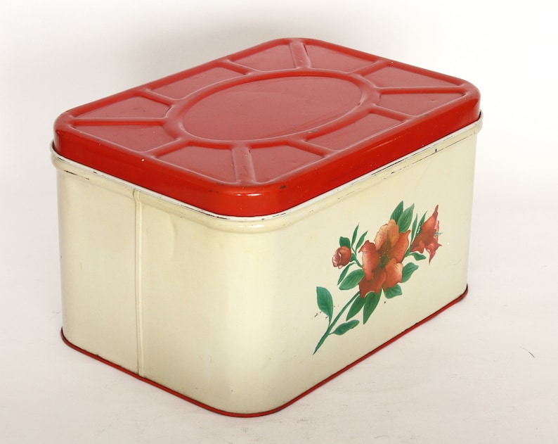 Vintage Tin Metal Bread Box Hinged Red Lid 1950's Etsy