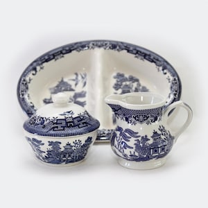 Churchill Blue Willow Porcelain Creamer+ Sugar Bowl+ Divided Serving Dish Set England